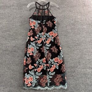 Guess Women's Black Embroidered Floral-Mesh Round-Neck Sleeveless Dress Size 12